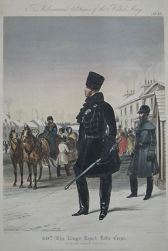 (MILITARY & NAVAL). MARTENS, Henry. 60th. (The King’s Royal Rifle Corps.) Winter Dress, Canada. Drawn by Hy. Martens. Engraved by J. Harris. London Published Novr. 12th 1846 By Rudolph Ackermann… [Upper Margin:] R. Ackermann’s Costumes of the British Army. No. 37